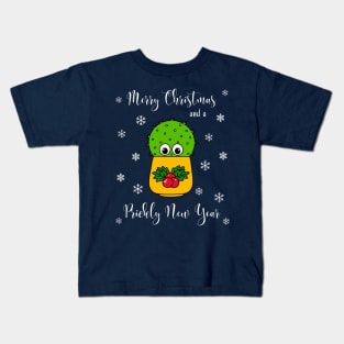 Merry Christmas And A Prickly New Year - Cute Cactus In Christmas Holly Pot Kids T-Shirt